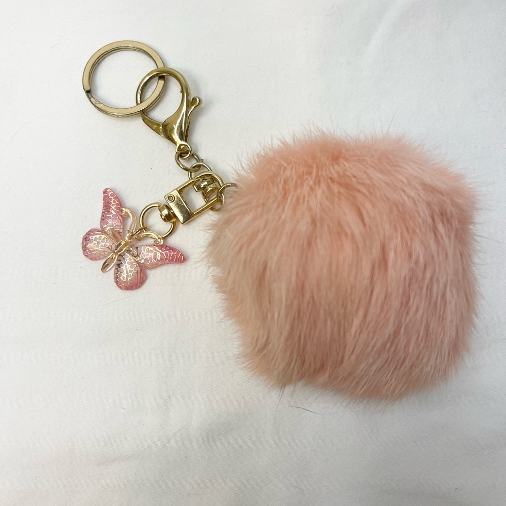 Pink Fur Bag Charm Keychain with Butterfly Charm - Picture 4 of 5